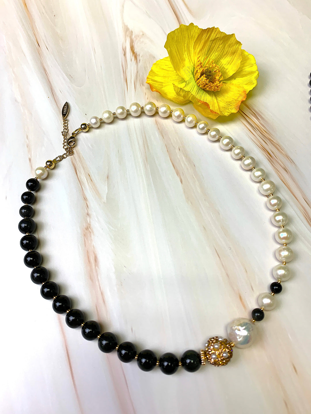 Black Obsidian With White Freshwater Pearls Necklace FN028 - FARRA