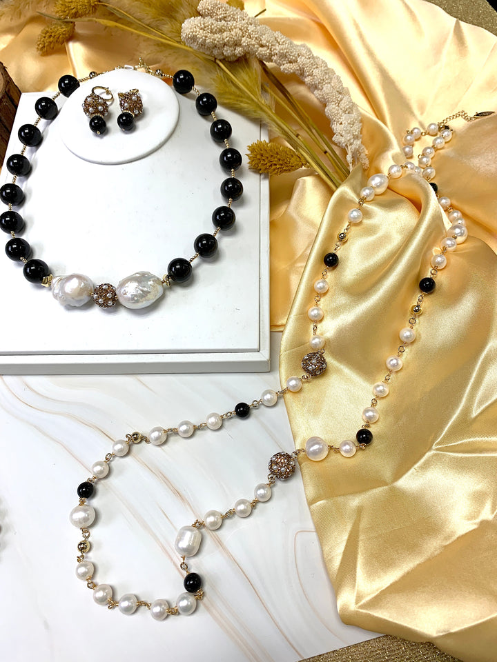 Freshwater Pearls With Black Obsidian Necklace FN030 - FARRA