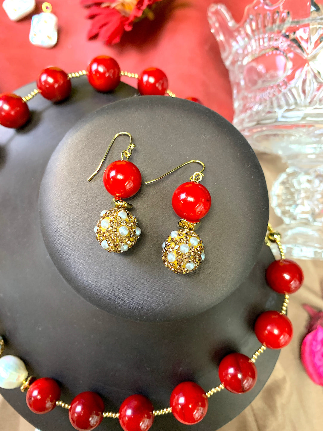 Red Coral With Rhinestones Bordered Pearls Earrings FE006 - FARRA