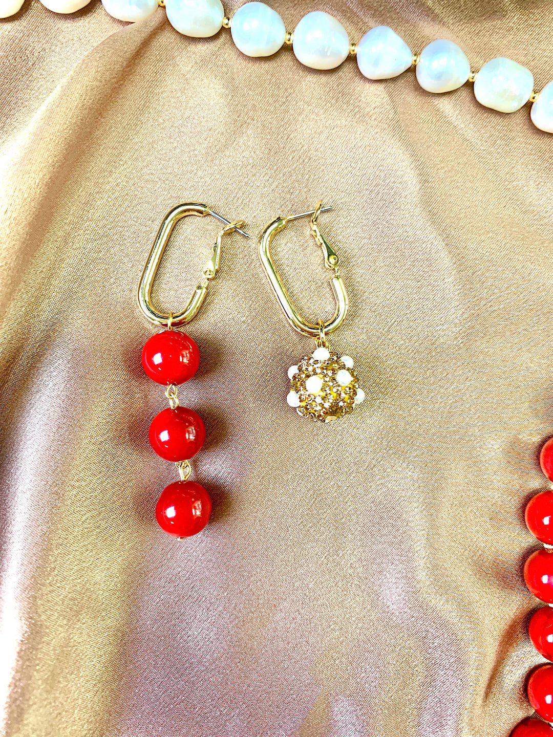 Red Coral With Rhinestones Asymmetric Earrings FE004 - FARRA