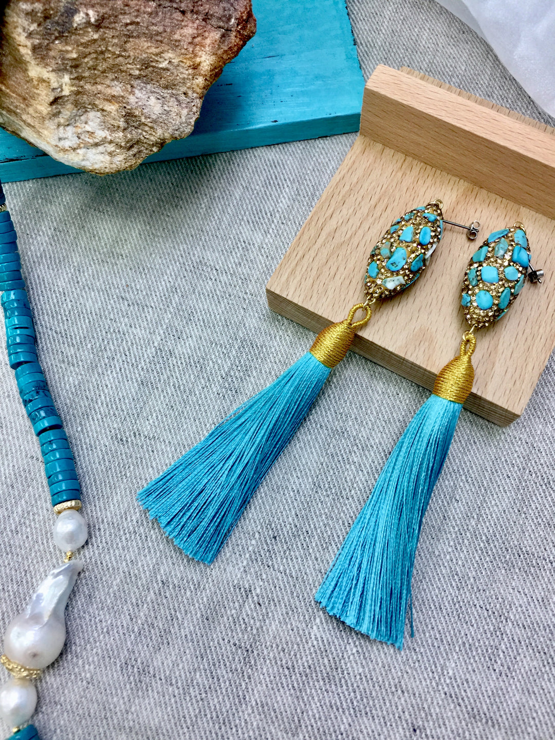 Rhinestones Bordered Turquoise Tassel Earrings CE017 - FARRA