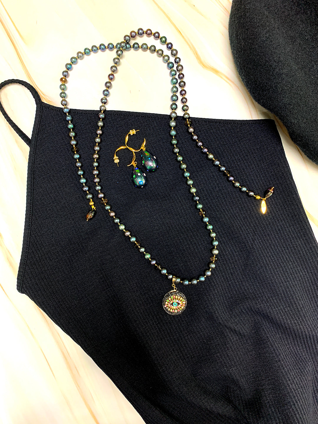 Black Pearls With Evil Eye Dangle Open Ended Necklace FN019 - FARRA