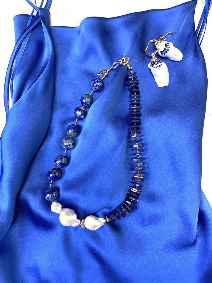 Lapis With Baroque Pearls Stylish Necklace FN009 - FARRA