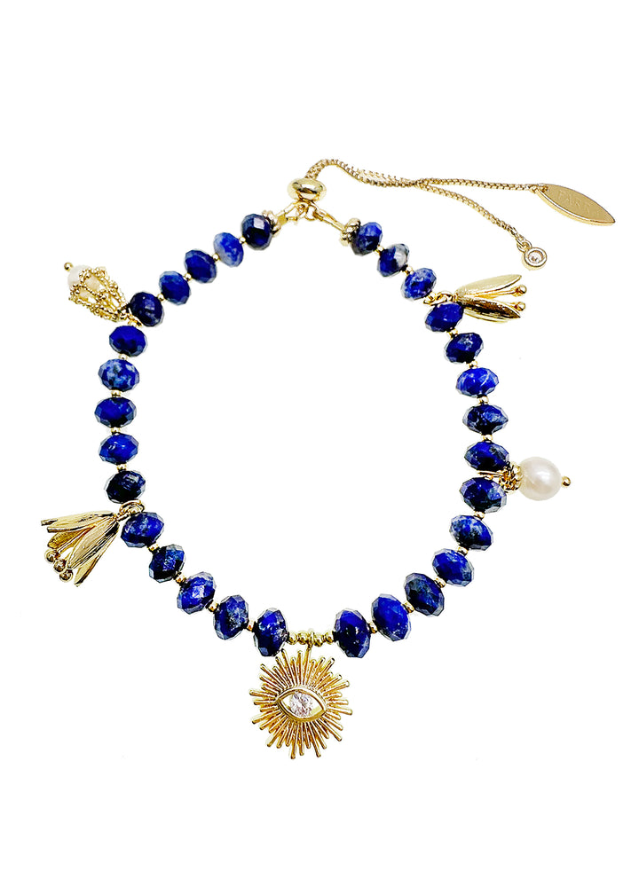 Lapis with Evil Eye Charms Adjustable Bracelet JB007 - FARRA