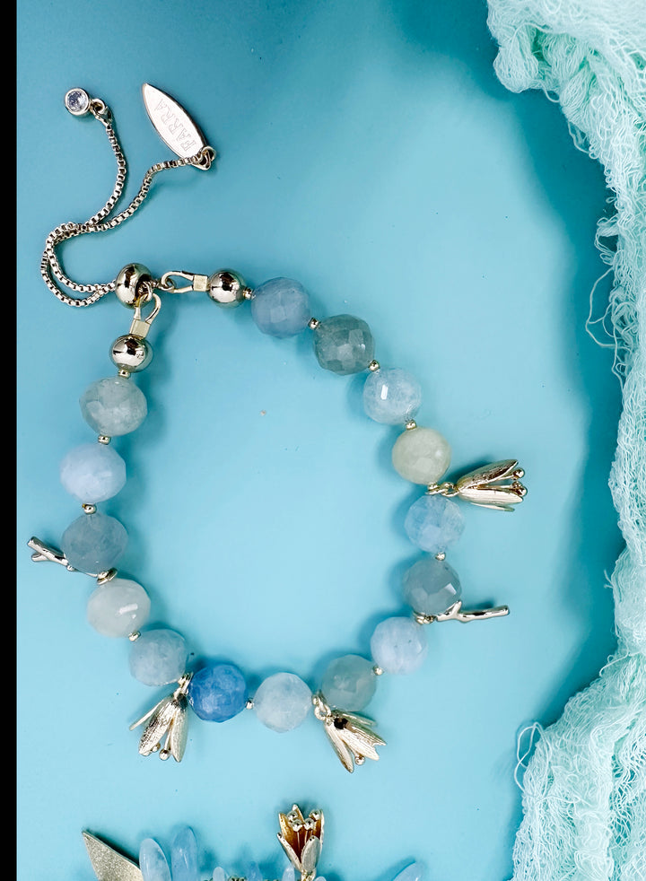 Aquamarine with Floral Charms Adjustable Bracelet JB014 - FARRA