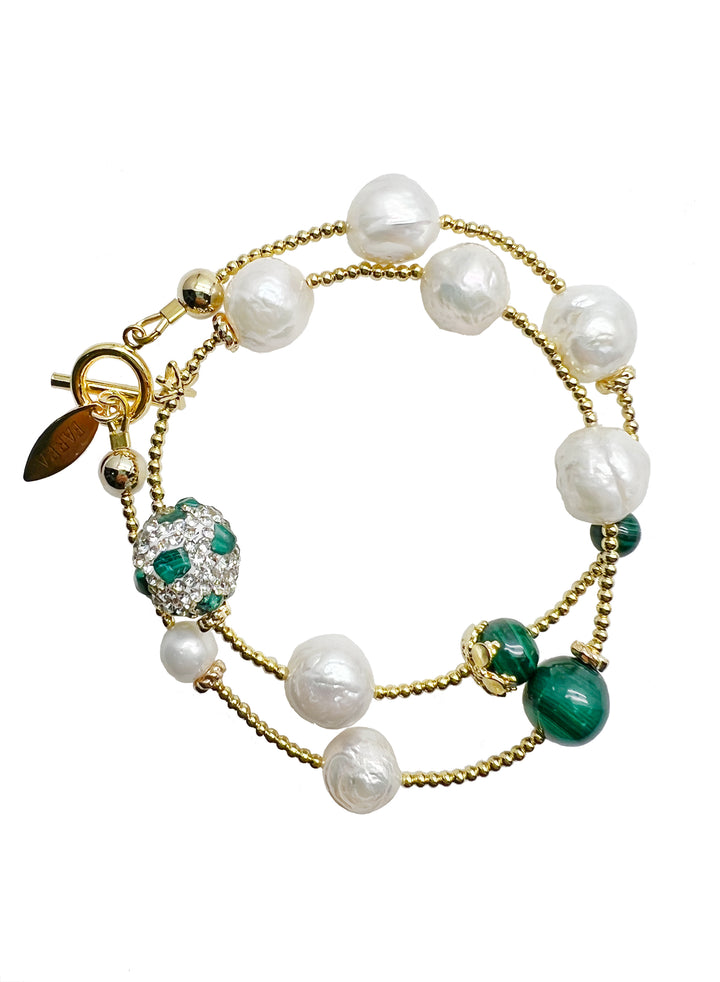 Freshwater Pearls With Round Malachite Double Wrapped Beading Bracelet JB015 - FARRA