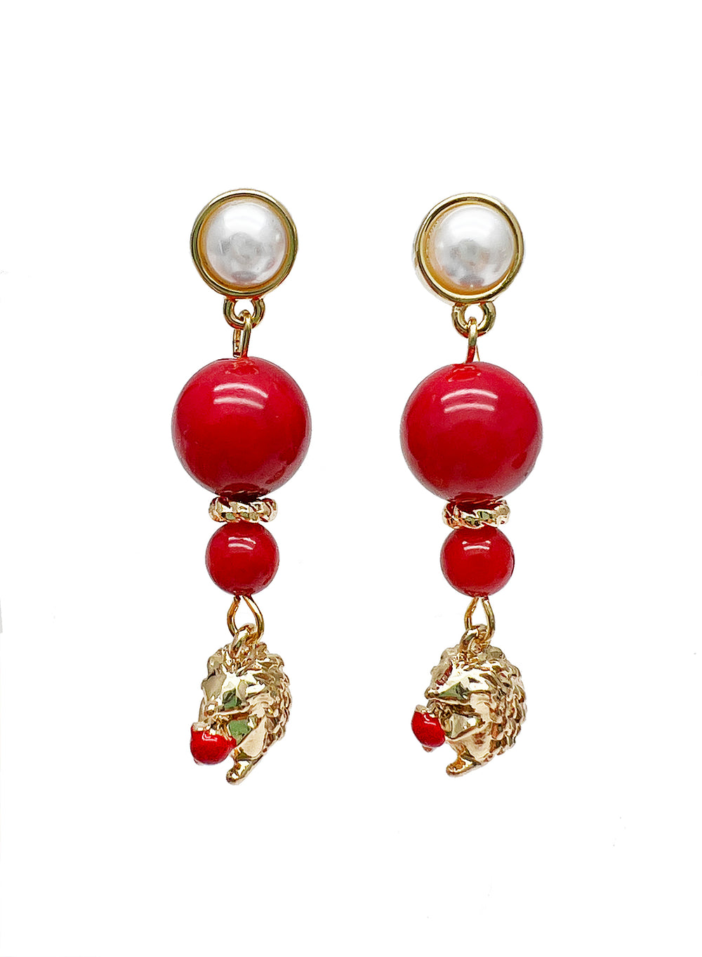 Red Coral With hedgehog Pendant Stud Earrings JE001 - FARRA