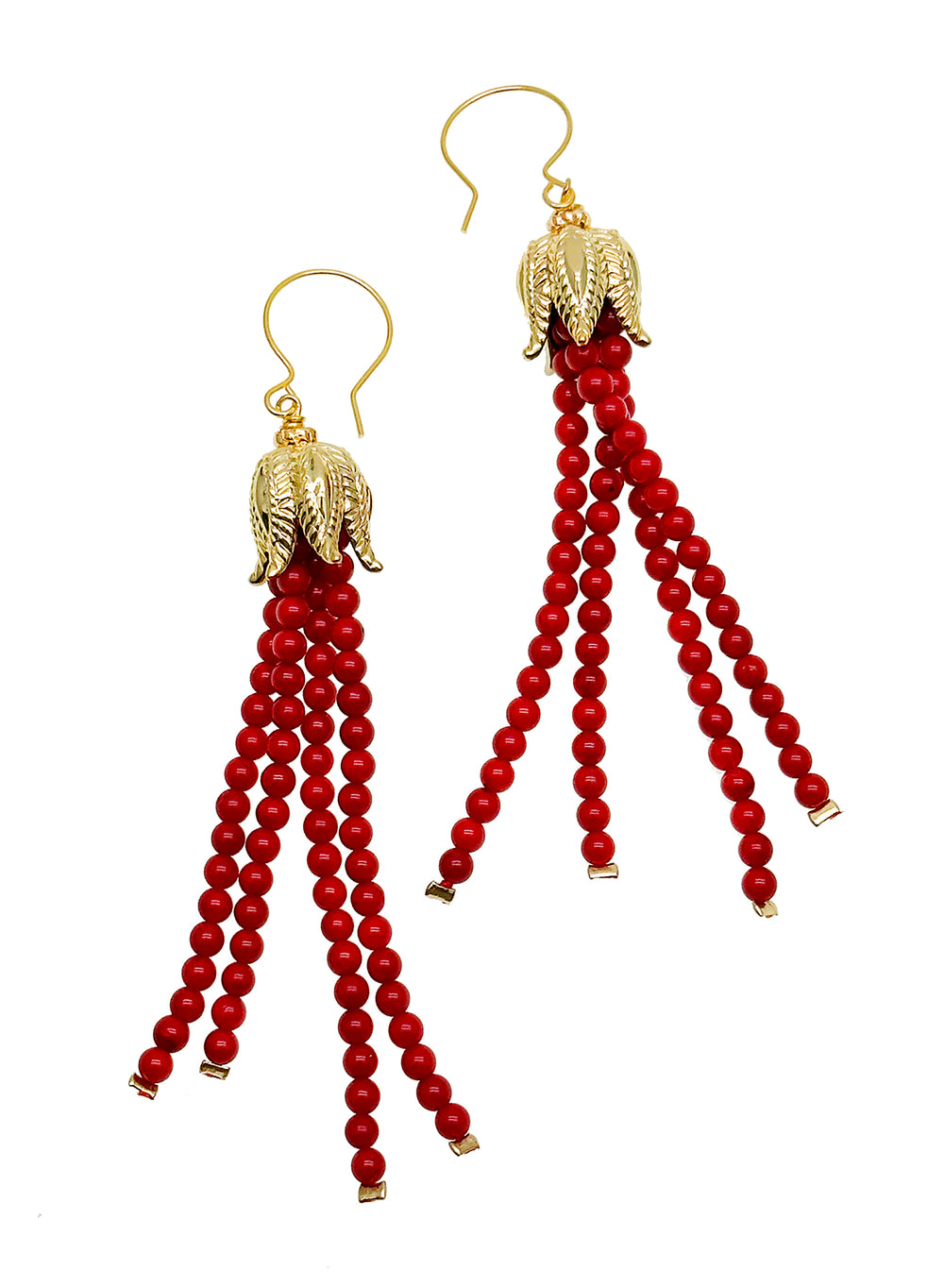 Red Coral Beaded Tassel Earrings JE006 - FARRA