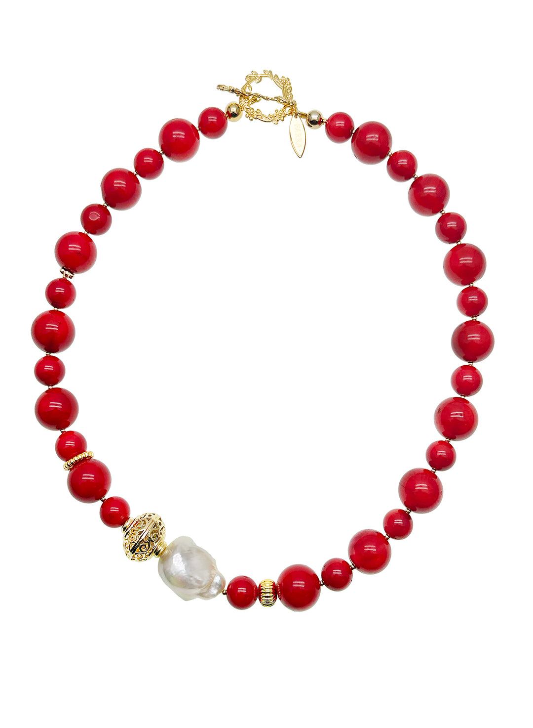 Big Red Coral With Baroque Pearl Statement Necklace JN004 - FARRA