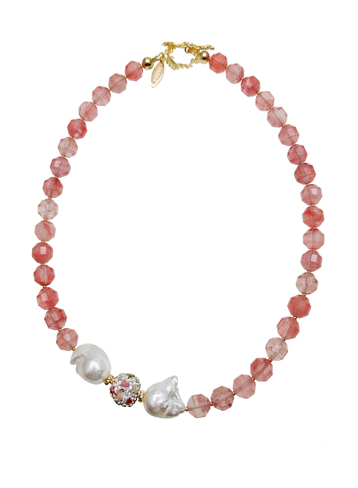 Watermelon Quartz With Baroque Pearls Statement Necklace JN009 - FARRA