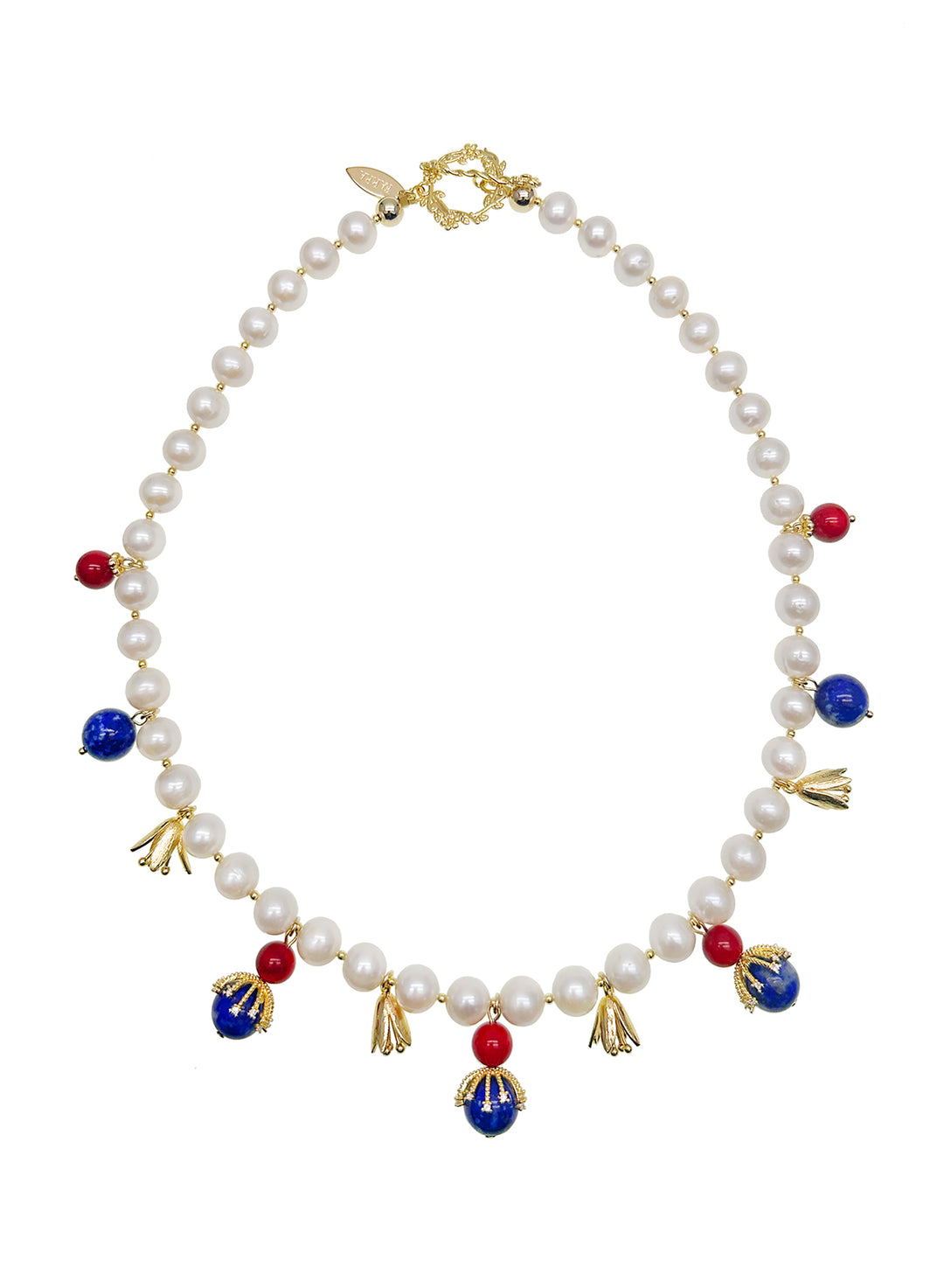 Freshwater Pearls With Lapis and Red Coral Pendents Necklace JN021 - FARRA
