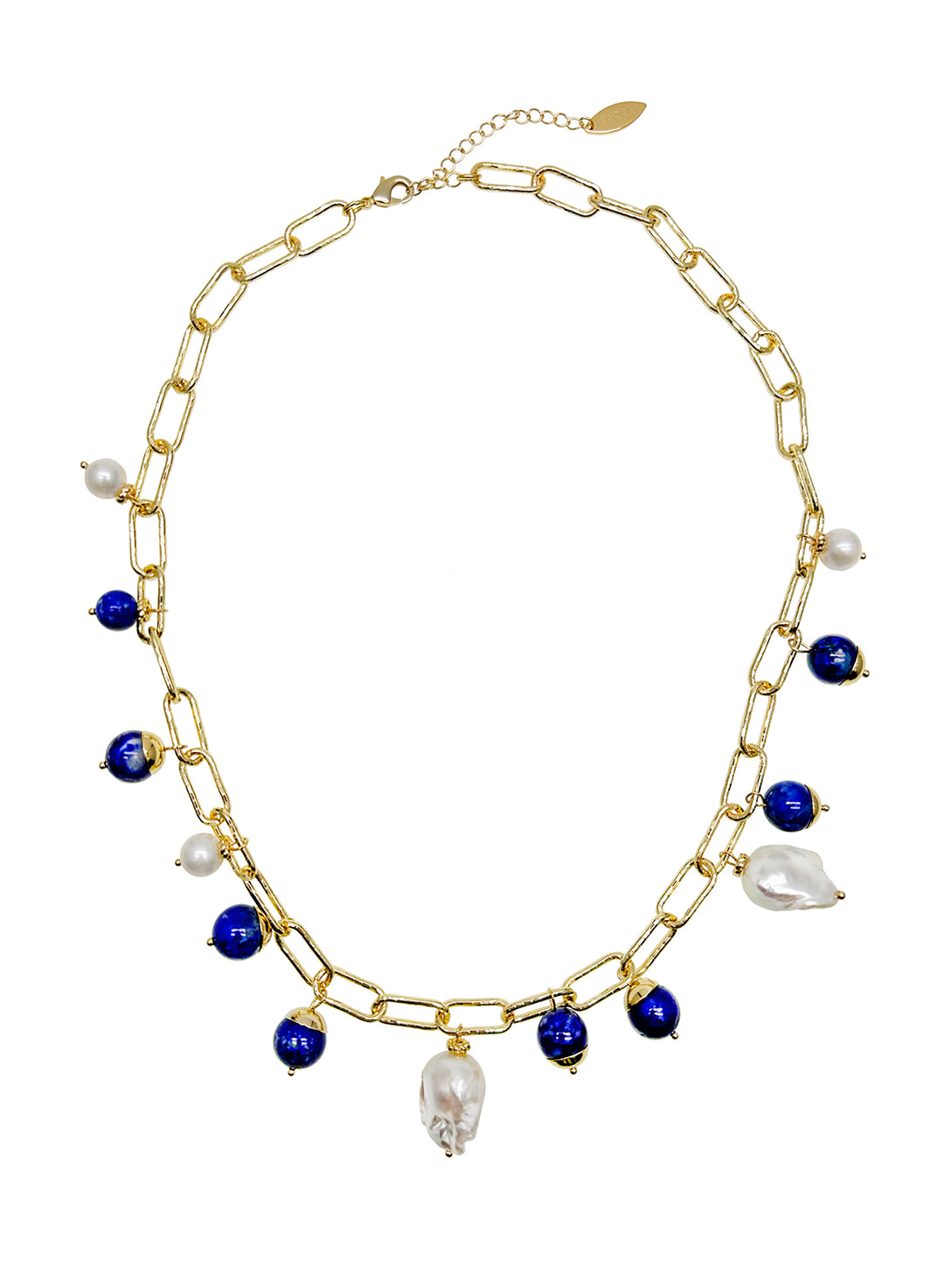 Gold Chain with Baroque Pearls and Lapis Charms Necklace JN022 - FARRA