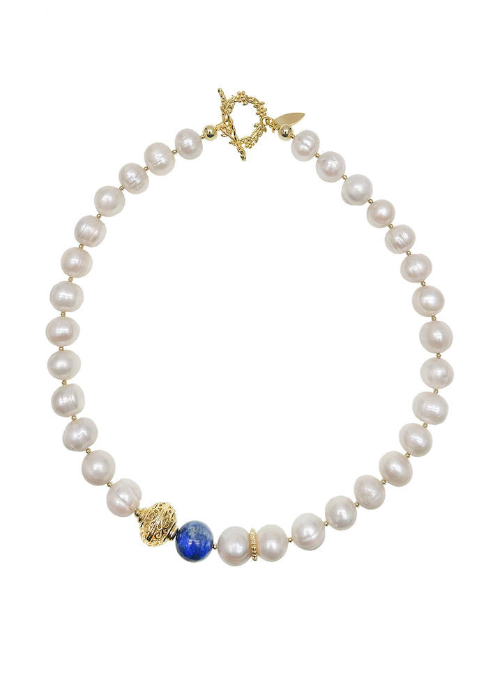 Freshwater Pearls with Lapis Necklace JN028 - FARRA