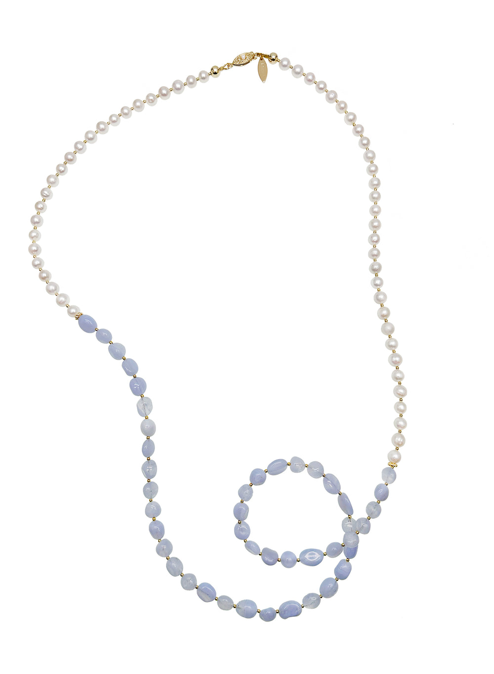 White Freshwater Pearls and Blue Lace Agate Long Necklace JN031 - FARRA