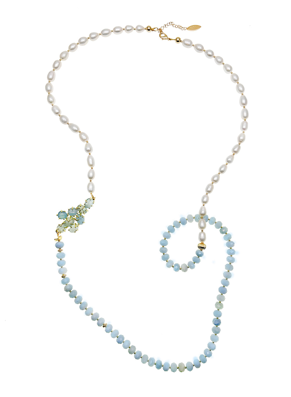 Blue Aquamarine and Freshwater Pearls Long Necklace JN044 - FARRA