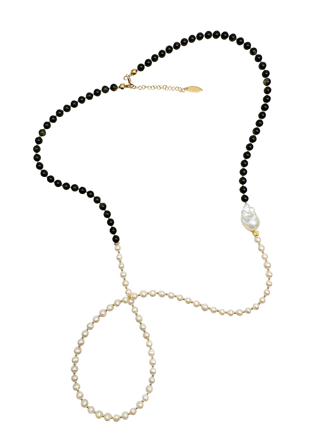 Black Obsidian and White Freshwater Pearls Long Necklace JN059 - FARRA