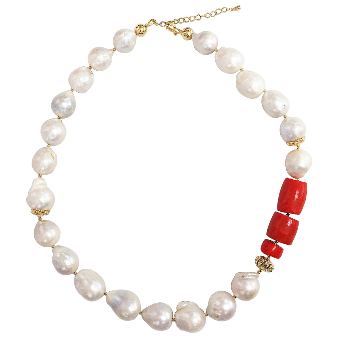 Baroque Freshwater Pearls With Coral Necklace MN031 - FARRA