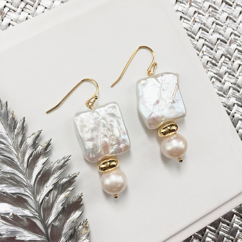 Rectangular & Round Freshwater Pearls Drop Earrings ME009 - FARRA