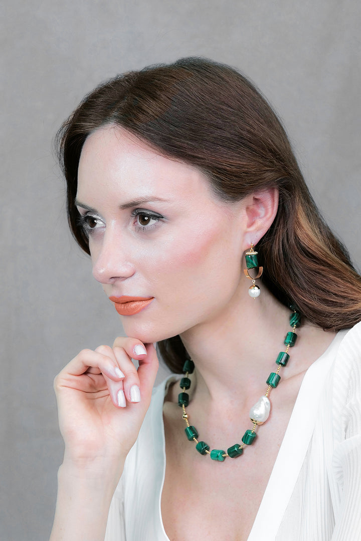 Malachite With Baroque Pearl Necklace AN037 - FARRA