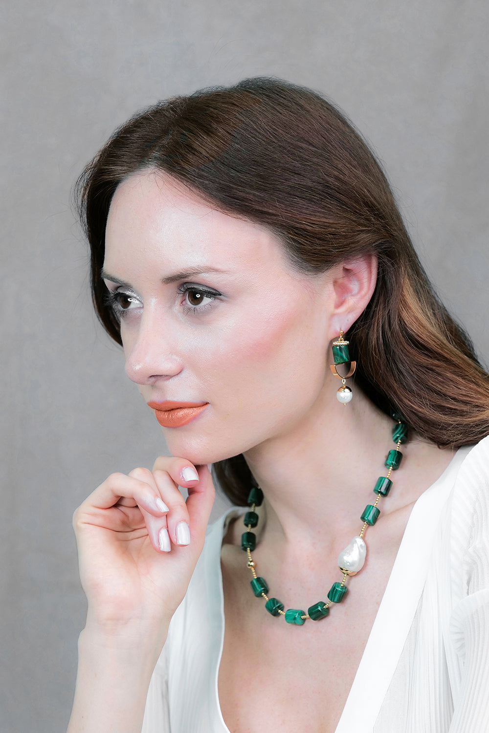 Malachite & Freshwater Pearls Geo Earrings AE027 - FARRA