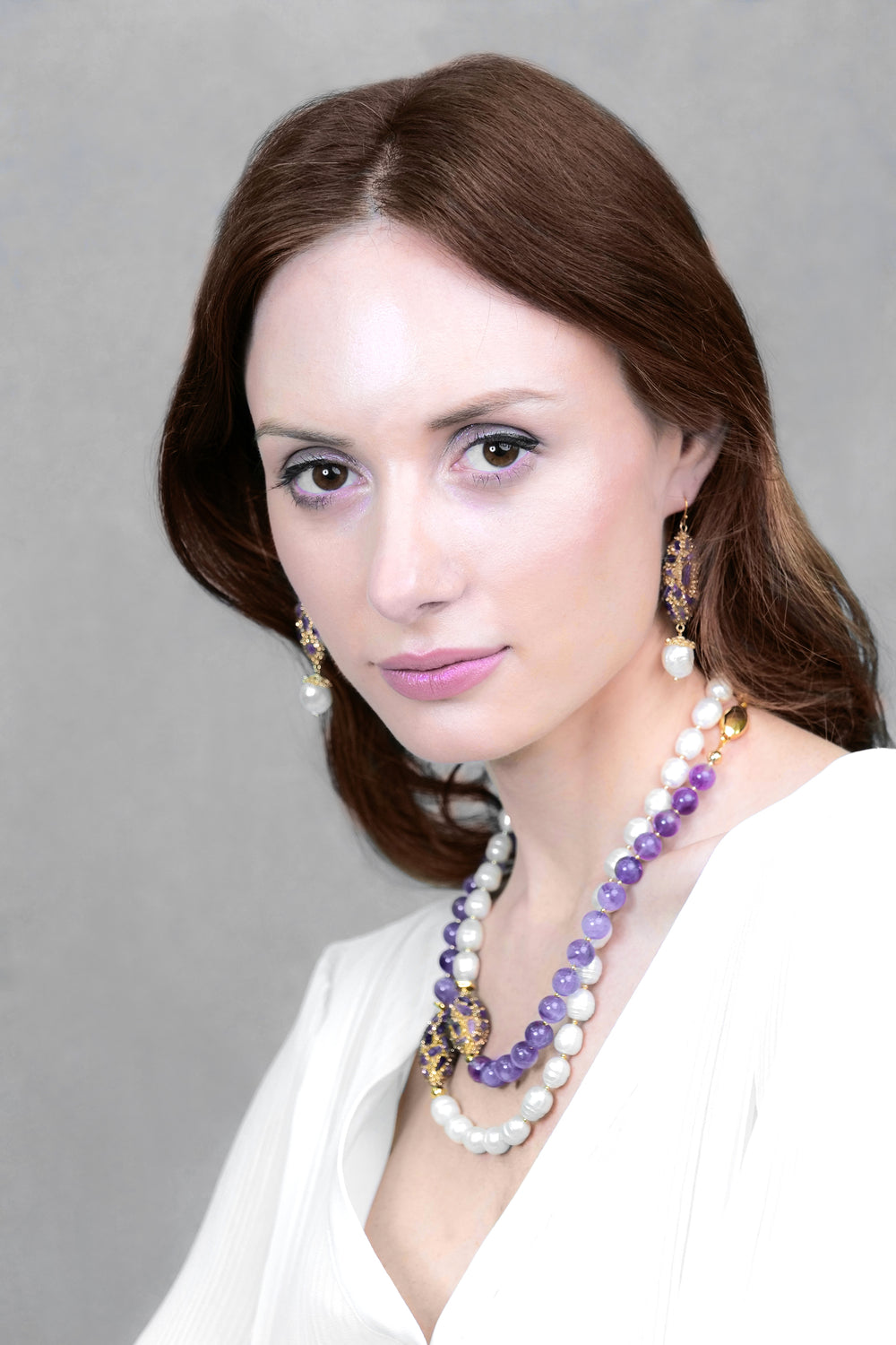 Freshwater Pearls & Amethyst With Rhinestones Multi-Way Long Necklace AN006 - FARRA