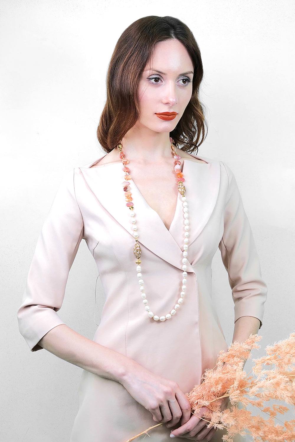 Orange Agate With Freshwater Pearls And Rhinestones Multi-Way Necklace AN002 - FARRA