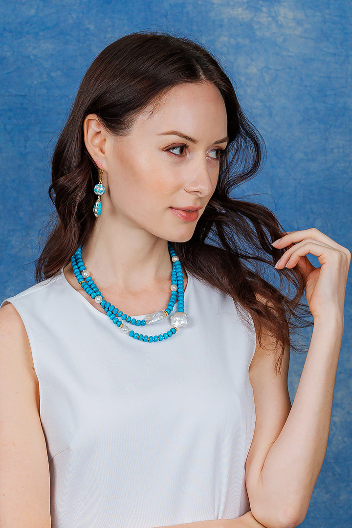 Turquoise With Baroque Pearls Double Layers Short Necklace EN013 - FARRA