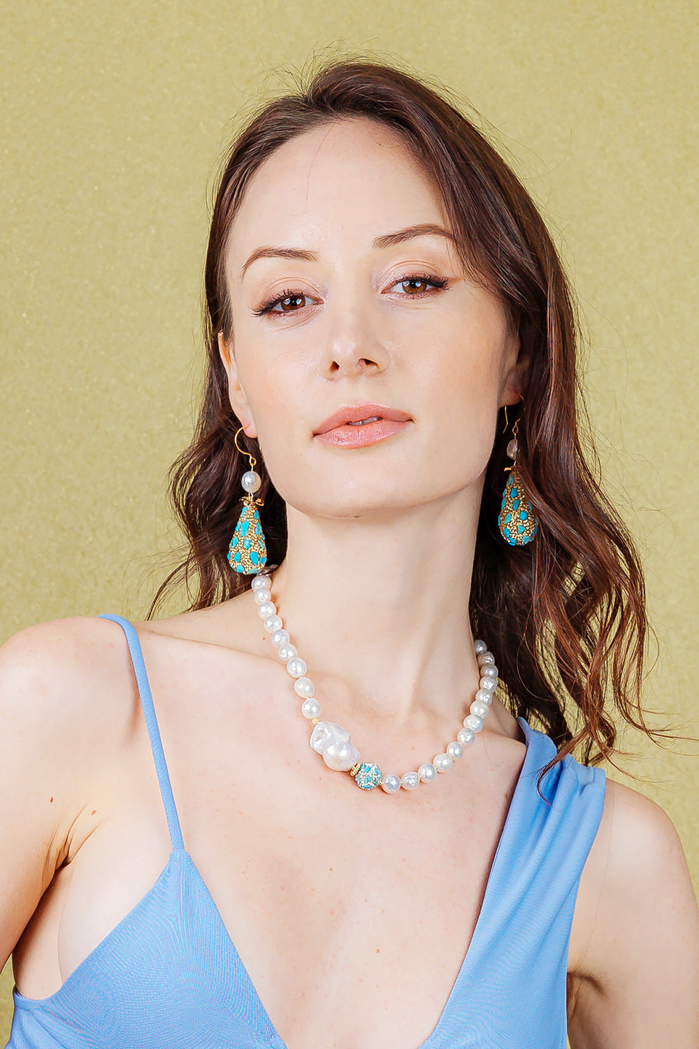 Freshwater Pearls With Baroque & Turquoise Short Necklace EN009 - FARRA