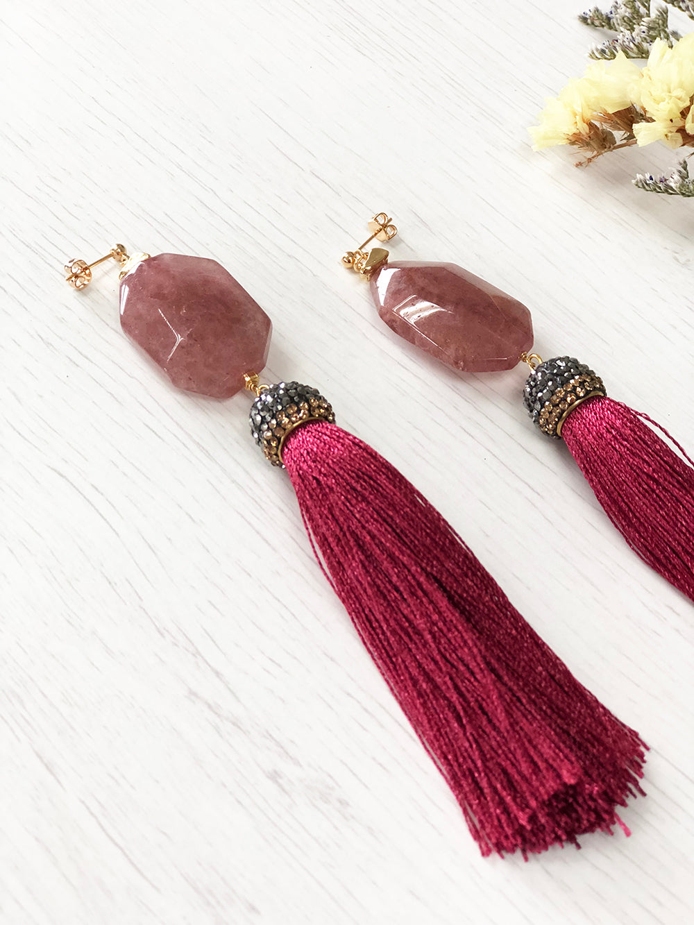 Wholesale- Flat faceted red strawberry quartz with red tassel earrings RE006 - FARRA