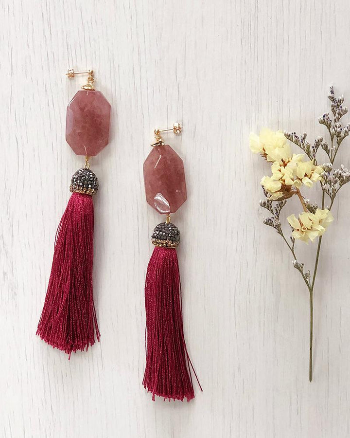 Wholesale- Flat faceted red strawberry quartz with red tassel earrings RE006 - FARRA