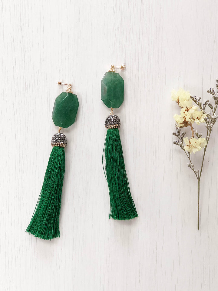 Wholesale- Faceted flat green strawberry quartz with green tassel earrings RE007 - FARRA