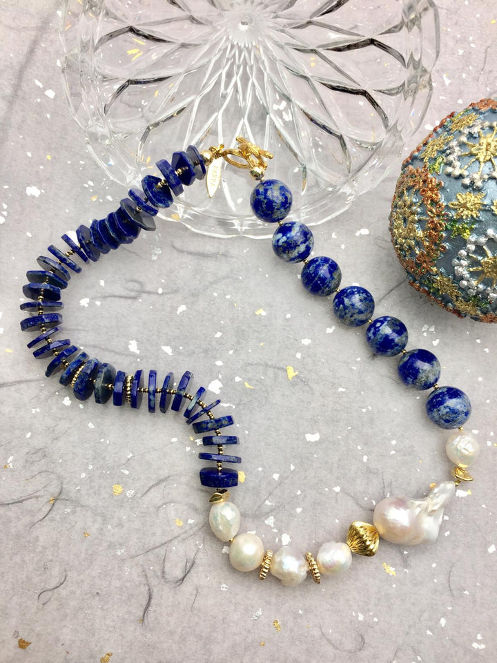 Lapis Lazuli with Baroque Freshwater Pearls Stylish Necklace AN013 - FARRA
