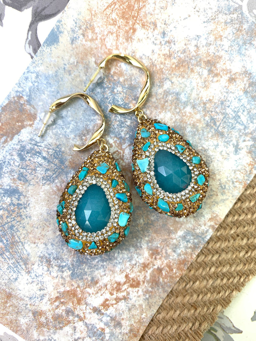 Rhinestones Bordered Amazonite With Opal Hook Earrings GE022 - FARRA