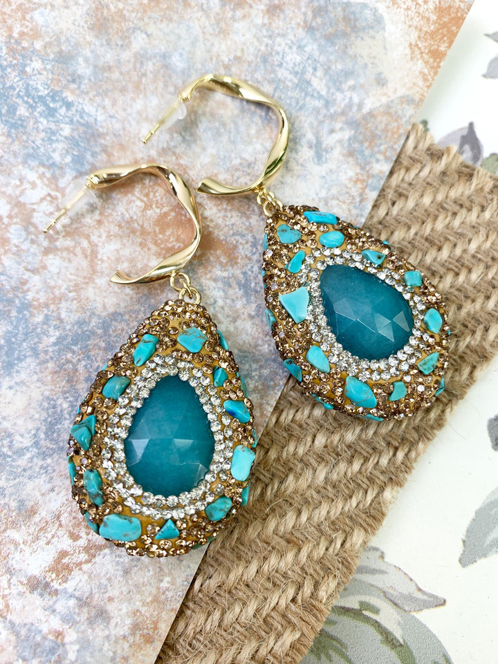 Rhinestones Bordered Amazonite With Opal Hook Earrings GE022 - FARRA