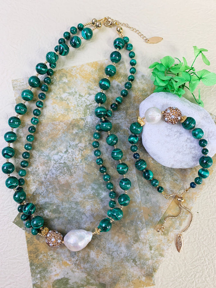 Baroque Pearl With Malachite Double Strands Statement Necklace GN015 - FARRA
