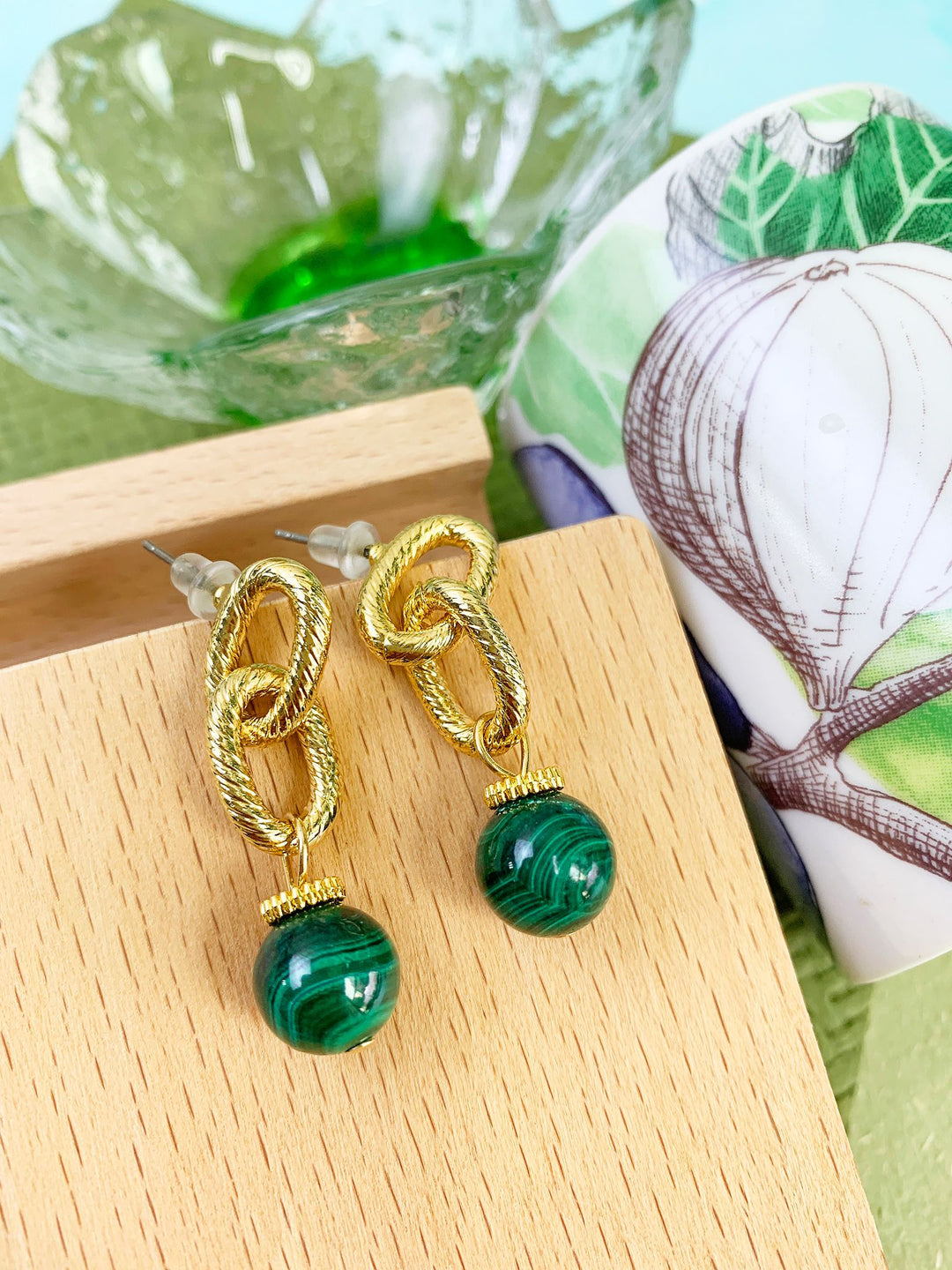 Malachite Chain Minimalist Earrings GE013 - FARRA