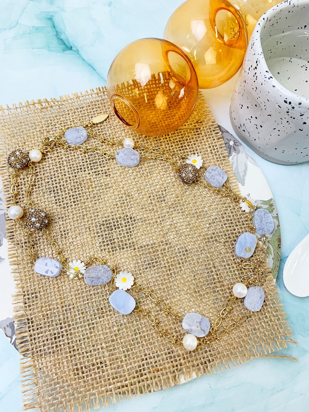 Blue Lace Agate With Daisy Flower Charm & Rhinestones Multi-Way Chain Necklace GN022 - FARRA