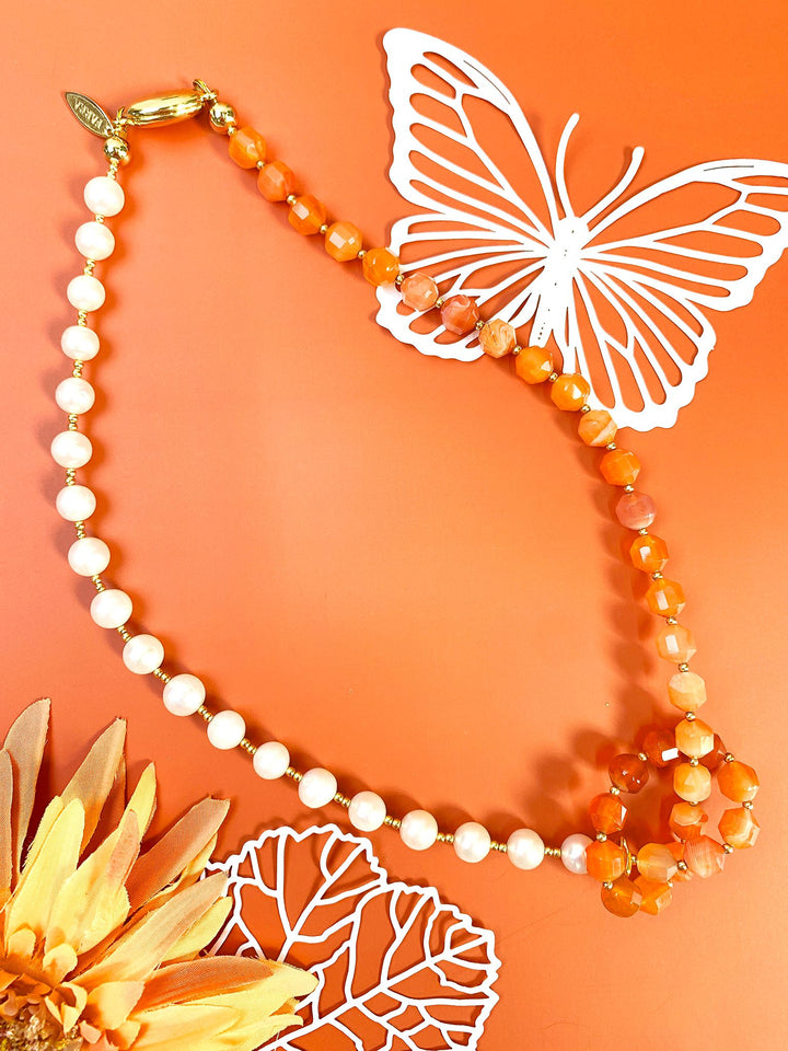 Knotted Orange Agate With Freshwater Pearl Necklace GN003 - FARRA