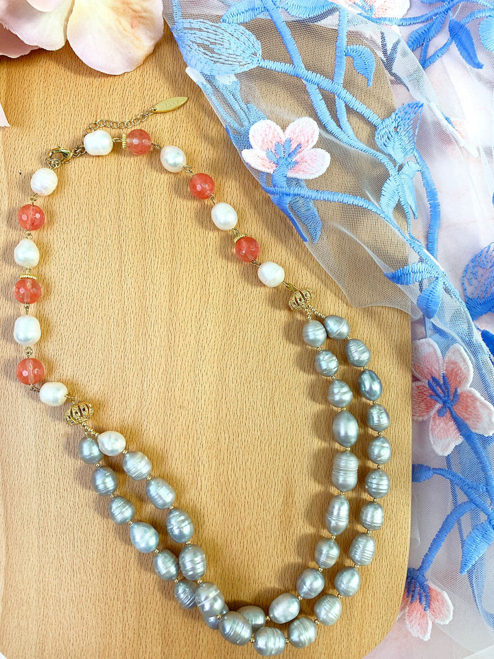 Grey Freshwater Pearls With Watermelon Quartz Double Strands Necklace GN002 - FARRA