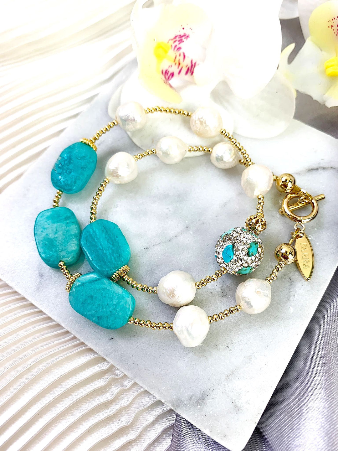 Freshwater Pearls With Amazonite Double Wrapped Bracelet GB009 - FARRA