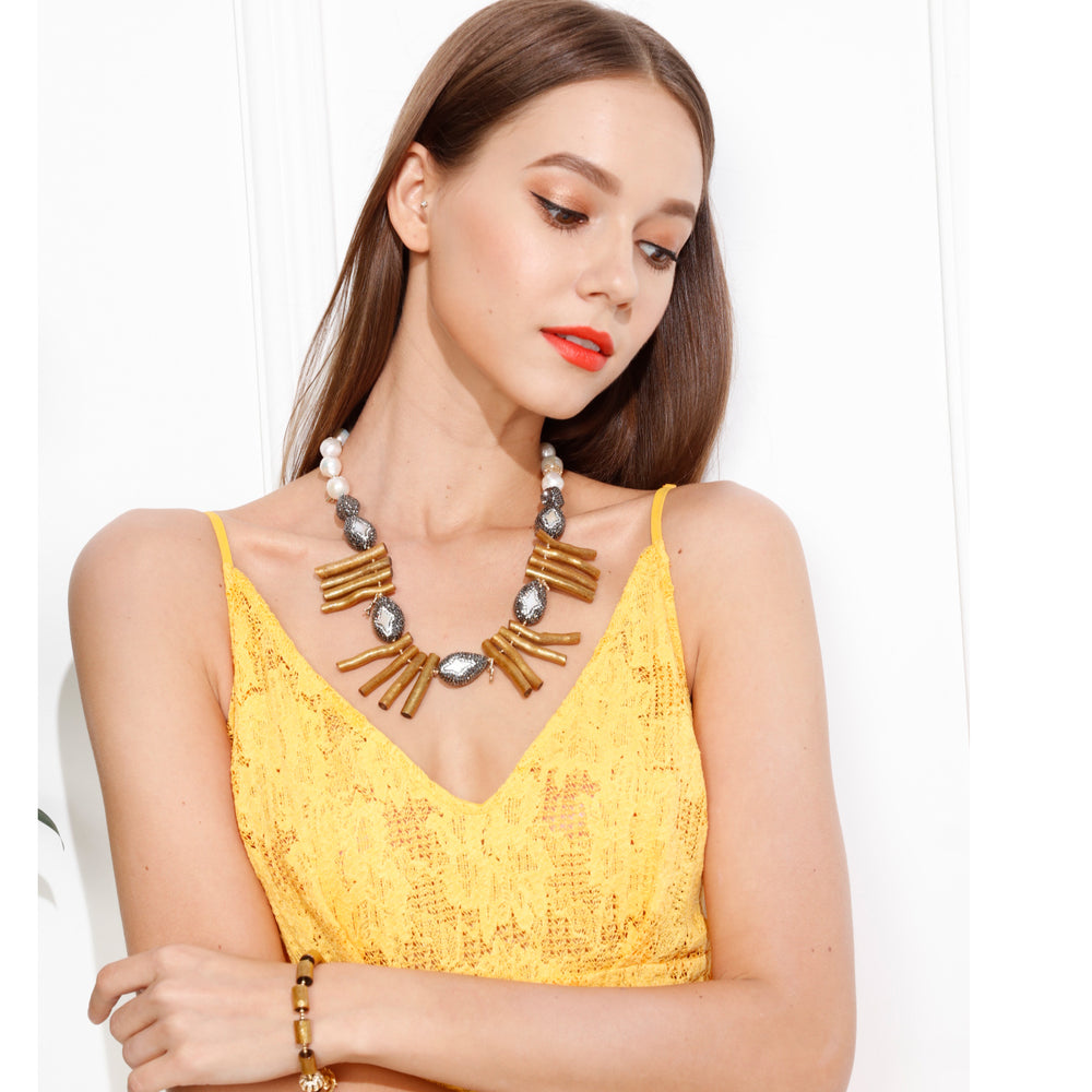 Rhinestones With Gold Coral Branches Statement Necklace MN001 - FARRA